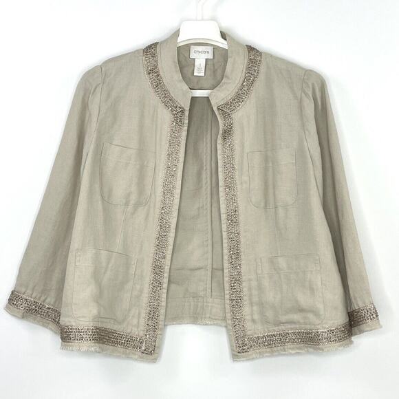 Chico’s Size 1 Women’s 8/M Linen Jacket Metallic Bead Trim Khaki Raw Hem - Picture 1 of 10